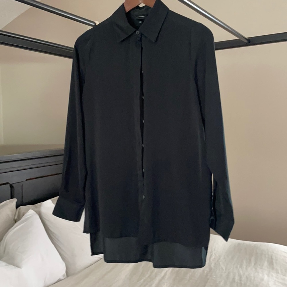 Whowhatwear Elongated Black Satin Blouse.